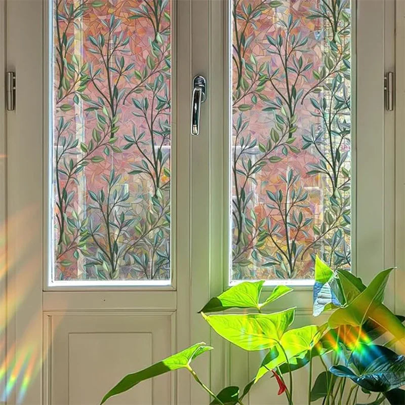 Static-Cling Privacy Window Film — Green Vines Leaves, No Glue