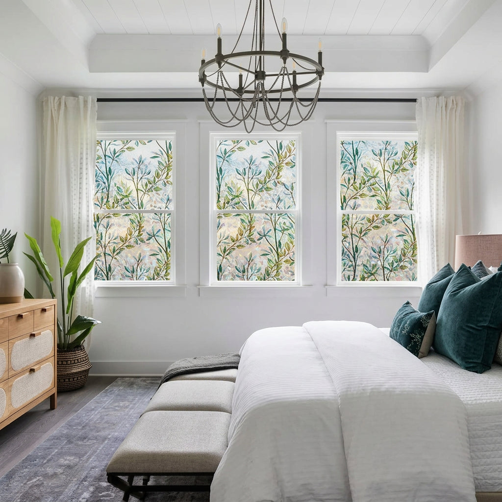 Modern bedroom with floral window treatments, a chandelier, and a bed.