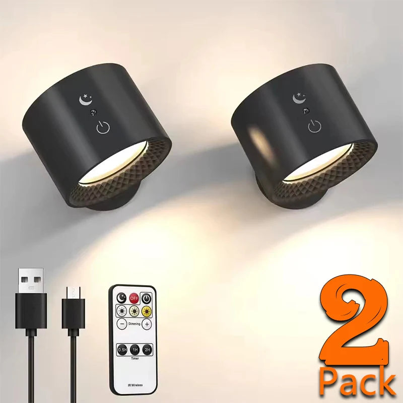 Led Double Head Wall Lamp Touch Control Remote 360 Rotatable USB Recharge Wireless Portable Night Light For Bedroom Reading Lamp