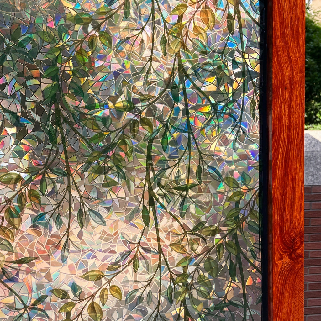 Decorative glass with leaf pattern on a building facade