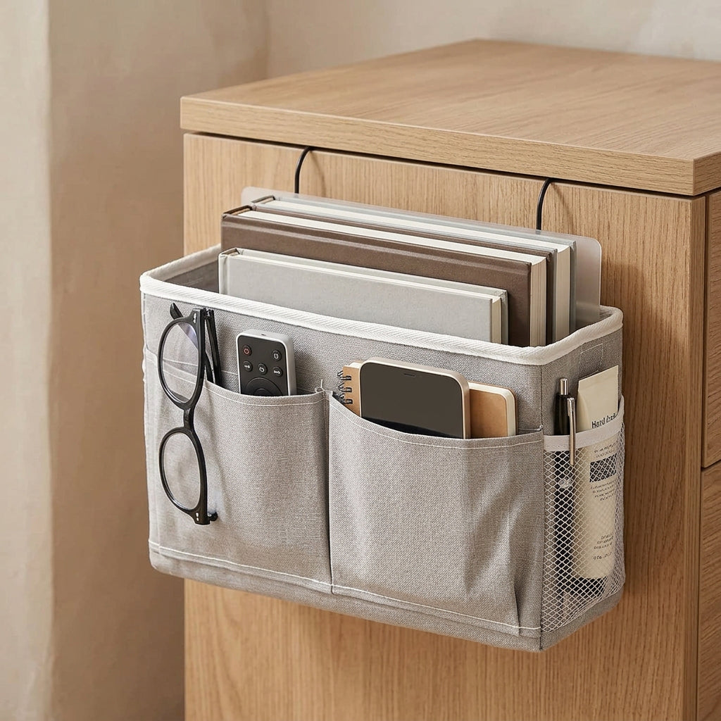 Gray fabric caddy hanging on a cabinet door with office supplies.