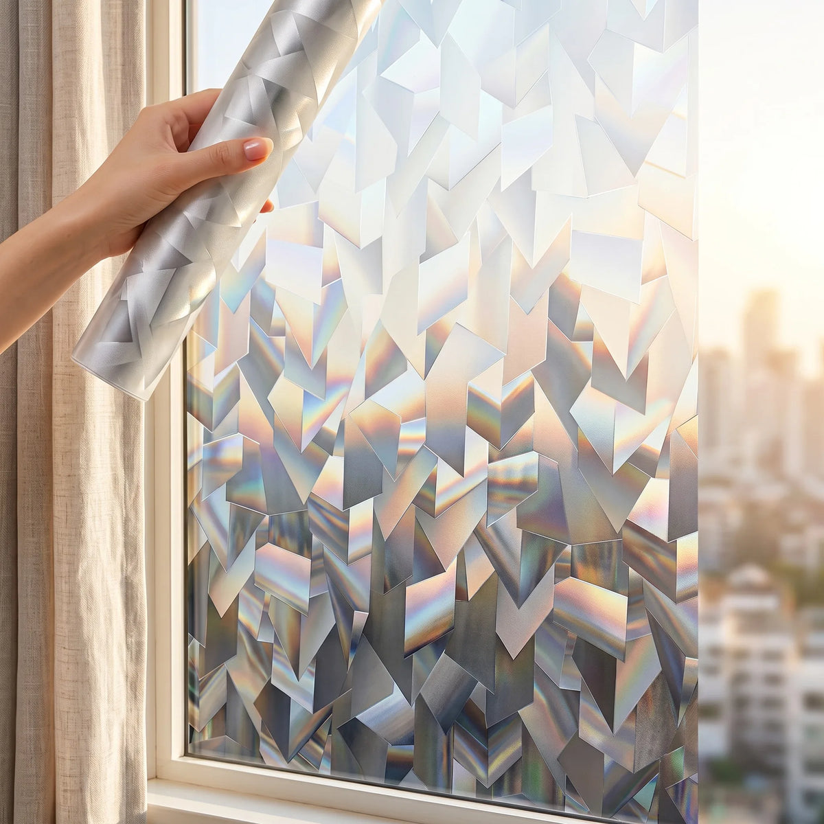 Static-Cling Privacy Window Film — 3D Holographic Prism Geometric, No Glue