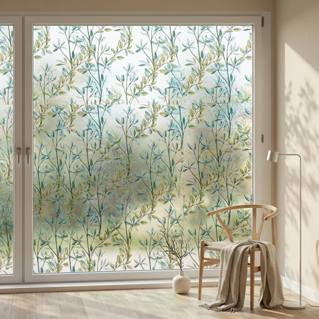 A pair of tall white-framed windows with decorative botanical window decals featuring green leaves and light blue flowers over a soft cream background. The windows are installed in a bright, modern living room with white curtains, a gray sofa, and potted plants.