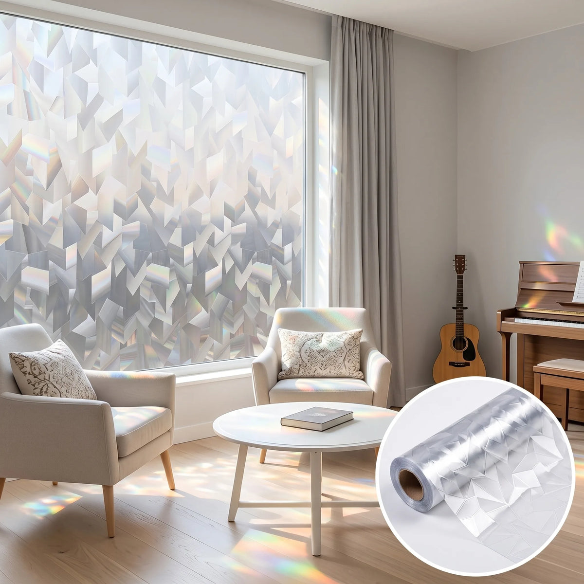 Static-Cling Privacy Window Film — 3D Holographic Prism Geometric, No Glue