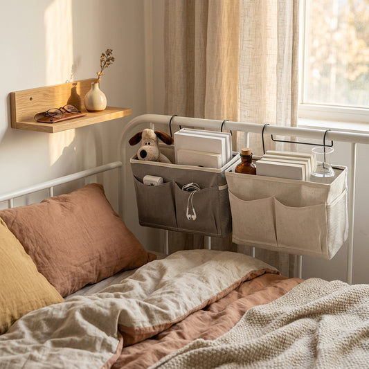 Bedside Hanging Storage Caddy — Fabric Organizer for Phone, Remotes & Essentials