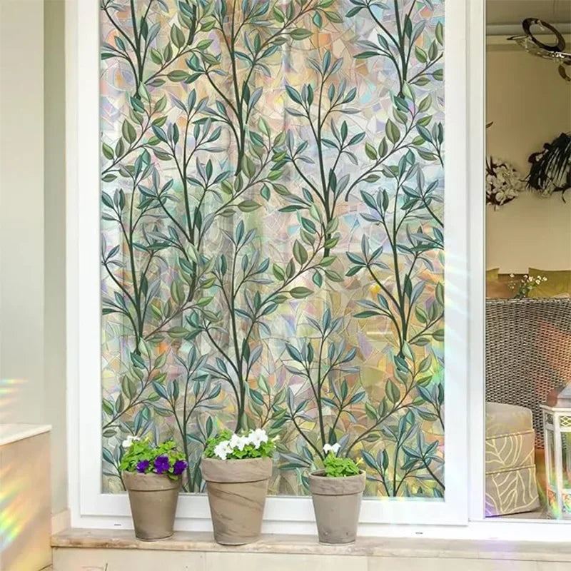 Static-Cling Privacy Window Film — Green Vines Leaves, No Glue